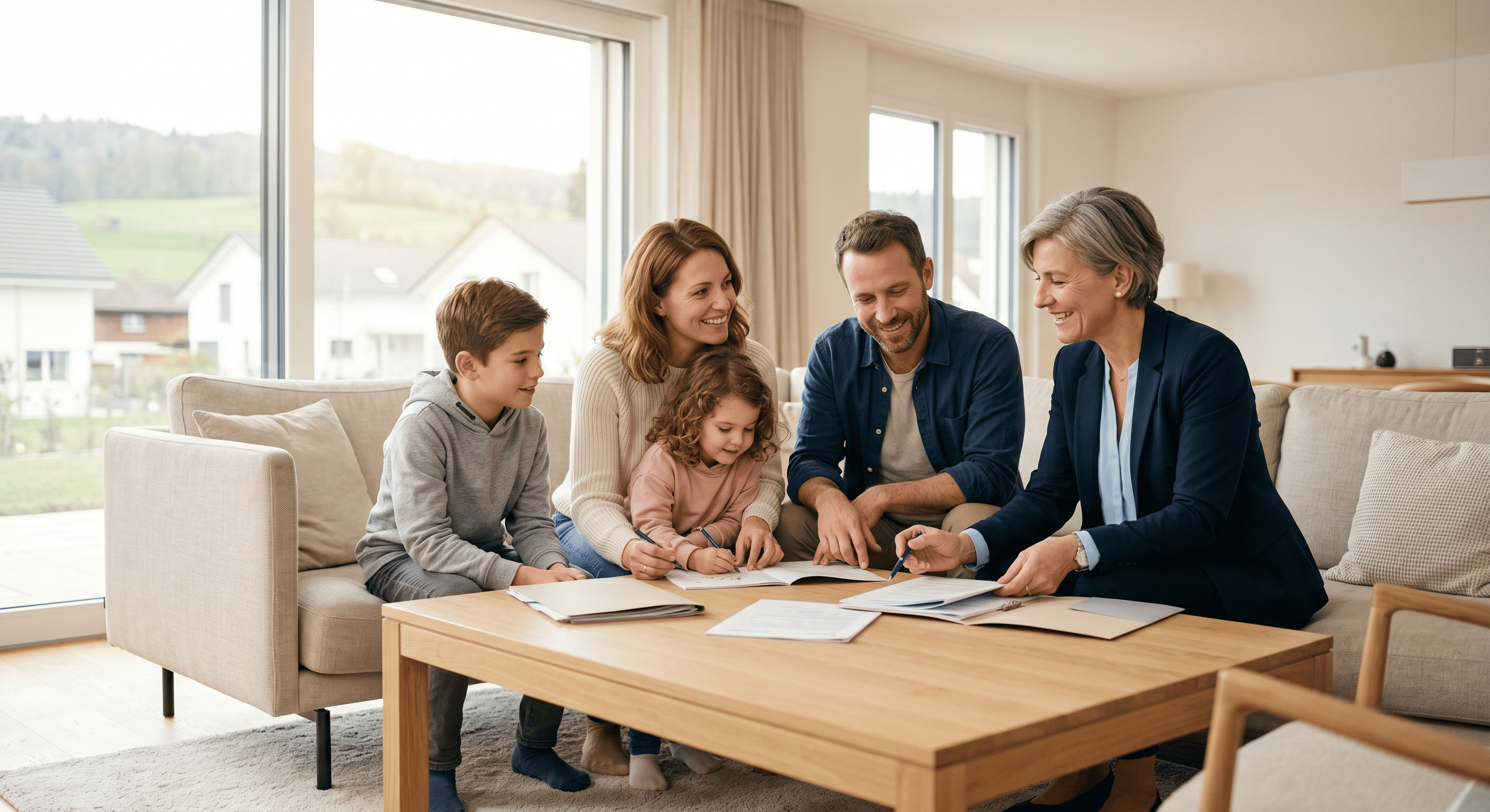 Famille en Suisse avec conseiller assurance pour protection responsabilité civile et couverture familiale