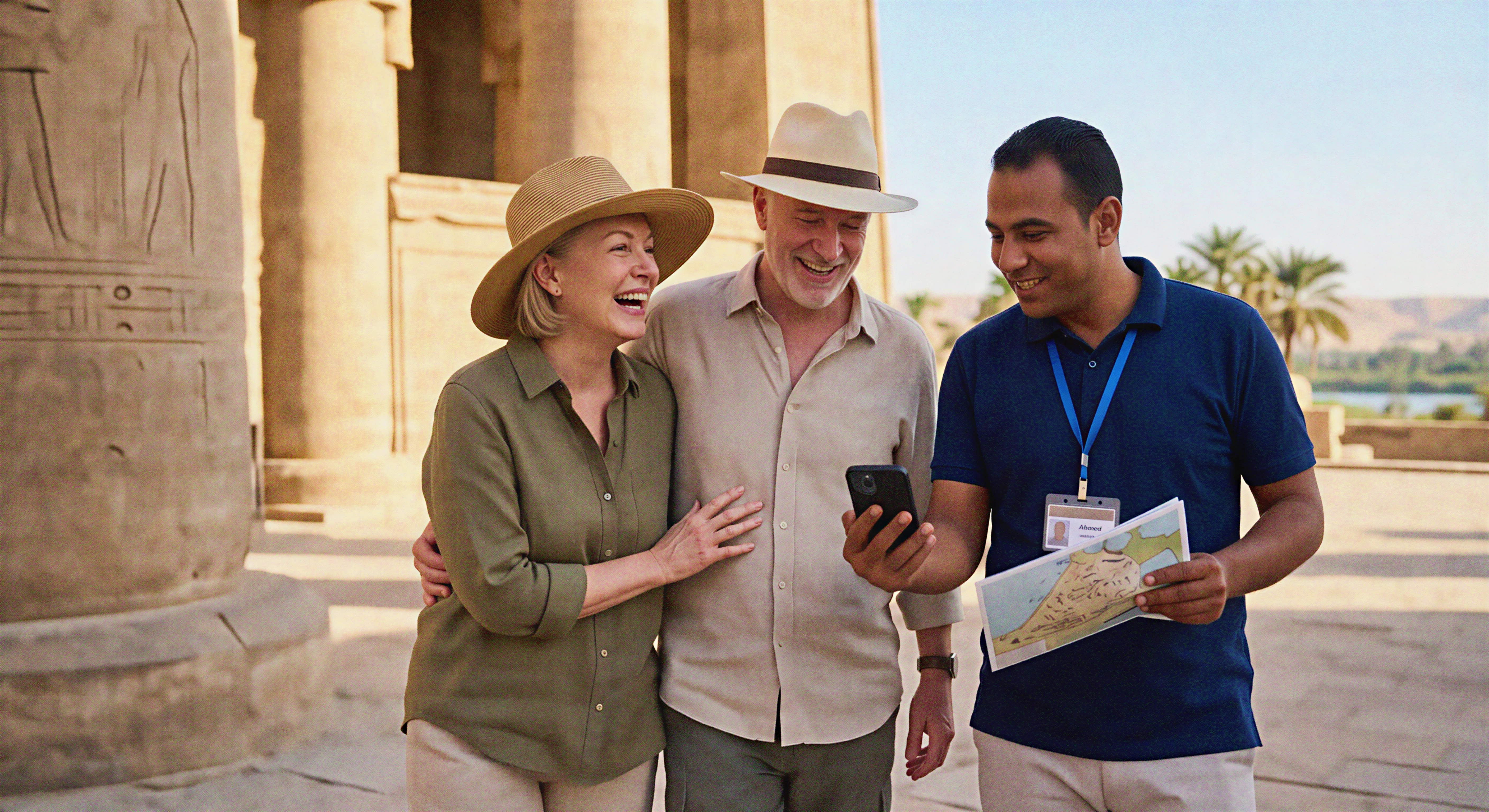 Couple de voyageurs seniors sereins visitant un temple en Égypte, illustrant la confiance et la réassurance apportées par une bonne assurance voyage pour le Moyen-Orient.