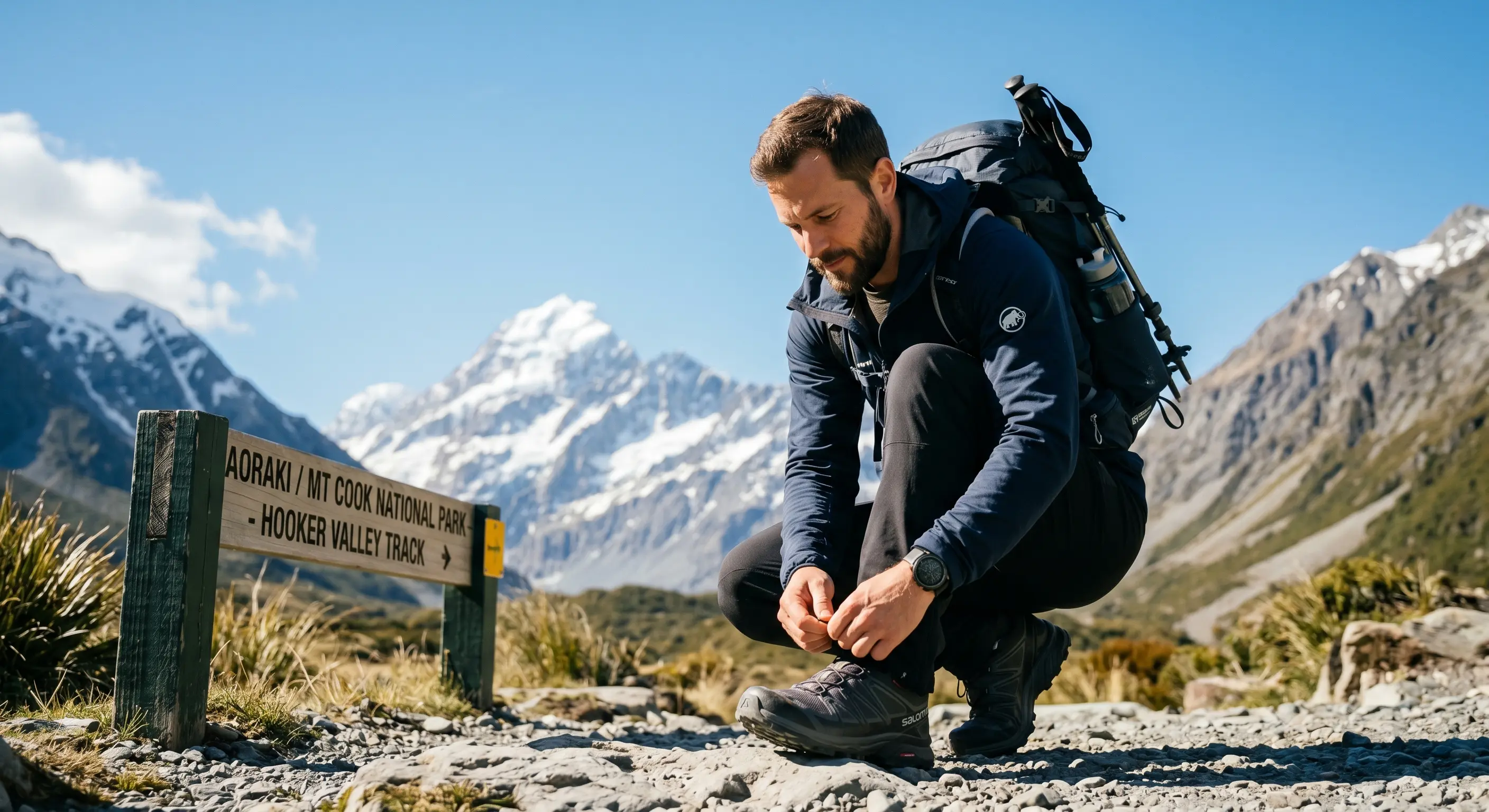 Randonneur suisse se préparant sereinement face au Mont Cook en Nouvelle-Zélande, illustrant la confiance apportée par une assurance voyage couvrant l'aventure et le rapatriement.